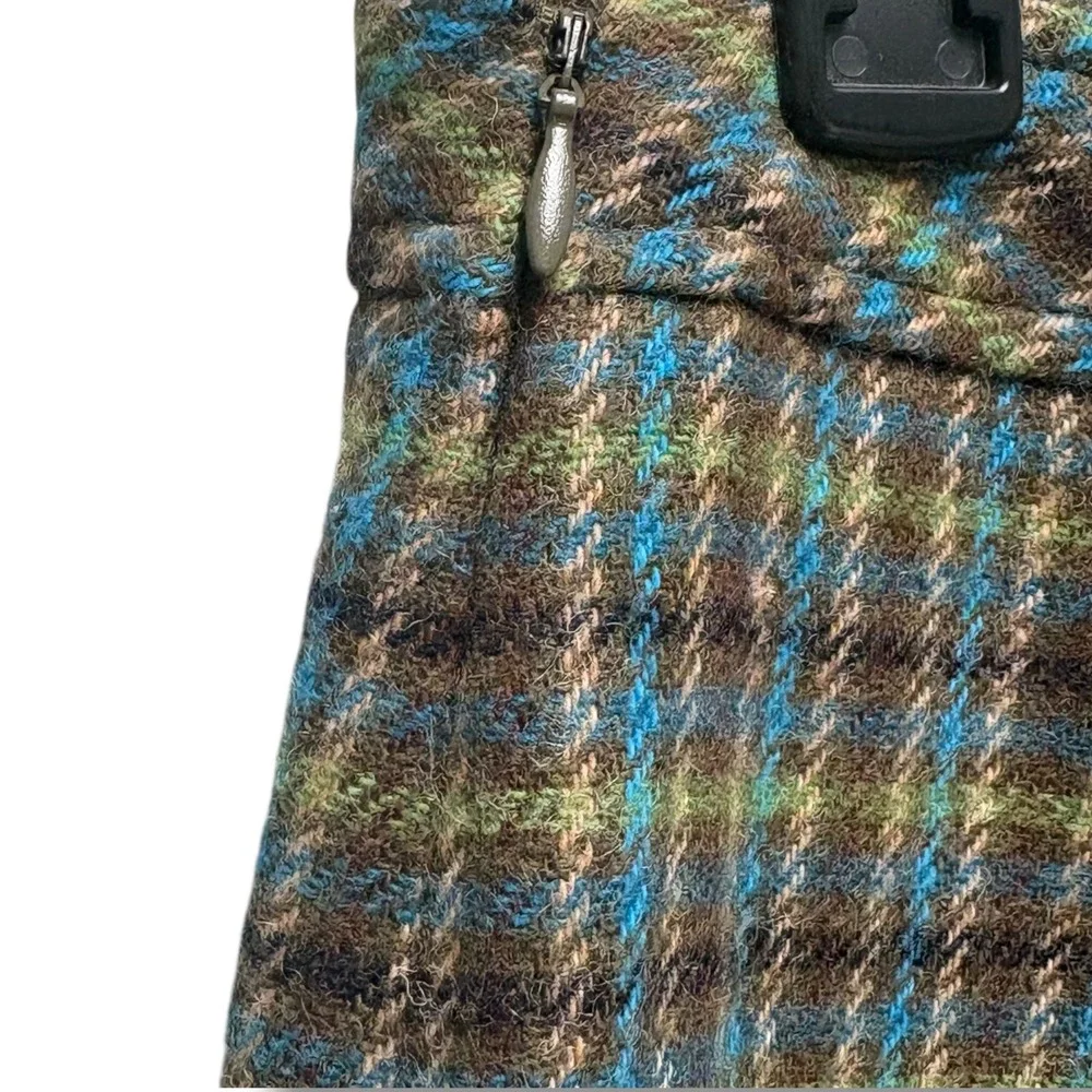 Talbots Womens Brown Blue Plaid Wool Blend Fringe Faux Wrap Skirt Size 8